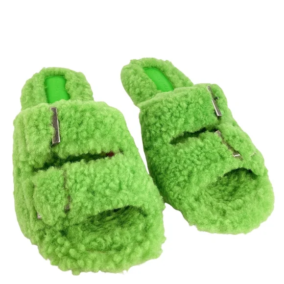 Amina Muaddi Millie Vibrant Green Shearling Heels